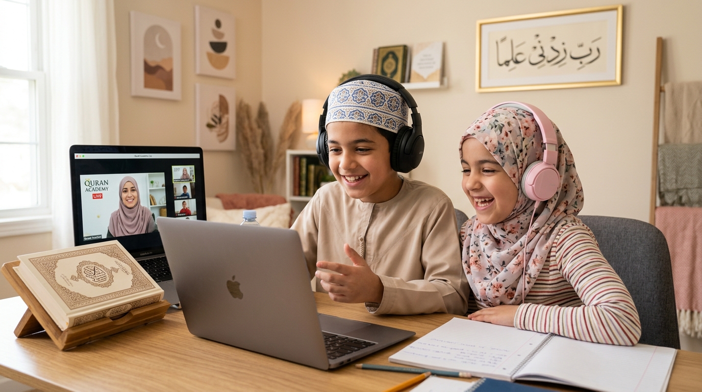 Brother and Sister attending online Quran class on laptop